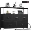 imageWLIVE Black Dresser for Bedroom 5 Drawer Dressers with Charging Station Fabric Chest of Drawers with Open Shelves Storage Dresser for Living Room Closet EntrywayCharcoal Black