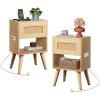 imageWLIVE Black Rattan Night Stand with Charger Station Small Side Table Drawer Storage and Shelf Mid Century Nightstands with Rattan Decor Small Side Table for Bedroom BlackRattan Natural Wood