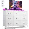 imageWLIVE Black TV Stand for 45 50 55 inch TV Entertainment Center with LED Lights ampamp Charging Station TV Media Console Table with 9 Fabric Drawers and Open Shelves for Living Room Hallway Wood TopWhite