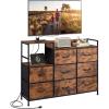 imageWLIVE Black TV Stand with Charging Station Entertainment Center with 8 Fabric Drawer TV Media Console Table Open Storage Shelves Wood Top for Living Room HallwayRustic Brown Wood Grain Print