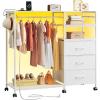 imageWLIVE Dresser for Bedroom with Clothes Rack 3 Drawer Dresser with LED Lights ampamp Charging Station Fabric Dressers ampamp Chest of Drawers Storage Organizer with Open Shelves for Closet Living Room PinkWhite