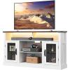 imageWLIVE Farmhouse TV Stand for 65 Inch TV Tall Entertainment Center with LED Lights Mid Century Modern TV Console wirh Open Shelves and Glass Cabinet Doors for Living Room and Bedroom White