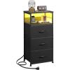 imageWLIVE White Night Stand with Charging Station LED Nightstand with 3 Fabric Drawers Tall Bedside Table with 3 USB Ports and 2 Outlets Dresser for Small Space 3193quot H Side Table for BedroomBlack