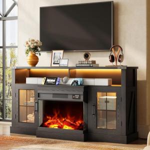 imageWLIVE 3Sided Glass Electric Fireplace TV Stand for 65 Inch TV Entertainment Center with 14 Flame Colors ampamp Adjustable LED Storage Cabinets Farmhouse Media Console for Living Room Bedroom WhiteBlack