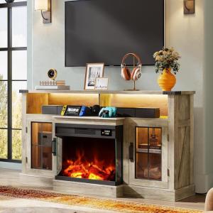 imageWLIVE 3Sided Glass Electric Fireplace TV Stand for 65 Inch TV Entertainment Center with 14 Flame Colors ampamp Adjustable LED Storage Cabinets Farmhouse Media Console for Living Room Bedroom WhiteGray Oak