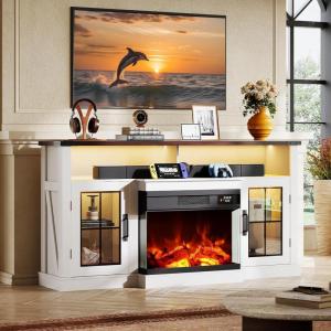 imageWLIVE 3Sided Glass Electric Fireplace TV Stand for 65 Inch TV Entertainment Center with 14 Flame Colors ampamp Adjustable LED Storage Cabinets Farmhouse Media Console for Living Room Bedroom WhiteWhite