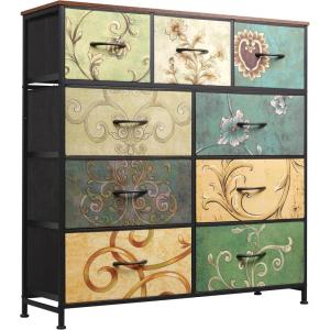 imageWLIVE 9Drawer Dresser Fabric Storage Tower for Bedroom Hallway Entryway Closet Tall Chest Organizer Unit with Fabric Bins Steel Frame Wood Top Easy Pull Handle Rustic Brown Wood Grain PrintFloral Painted