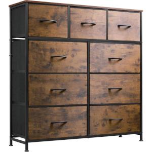 imageWLIVE 9Drawer Dresser Fabric Storage Tower for Bedroom Hallway Entryway Closet Tall Chest Organizer Unit with Fabric Bins Steel Frame Wood Top Easy Pull Handle Rustic Brown Wood Grain PrintRustic Brown Wood Grain Print