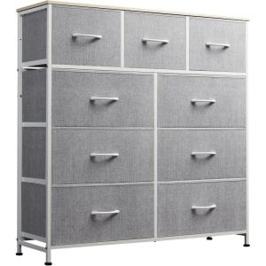 imageWLIVE 9Drawer Dresser Fabric Storage Tower for Bedroom Hallway Entryway Closet Tall Chest Organizer Unit with Fabric Bins Steel Frame Wood Top Easy Pull Handle Rustic Brown Wood Grain PrintLight Grey