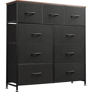 imageWLIVE 9Drawer Dresser Fabric Storage Tower for Bedroom Hallway Entryway Closet Tall Chest Organizer Unit with Fabric Bins Steel Frame Wood Top Easy Pull Handle Rustic Brown Wood Grain PrintBlack and Rustic Brown