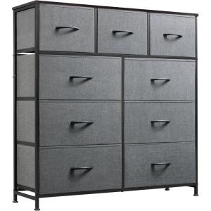 imageWLIVE 9Drawer Dresser Fabric Storage Tower for Bedroom Hallway Entryway Closet Tall Chest Organizer Unit with Fabric Bins Steel Frame Wood Top Easy Pull Handle Rustic Brown Wood Grain PrintAdark Grey