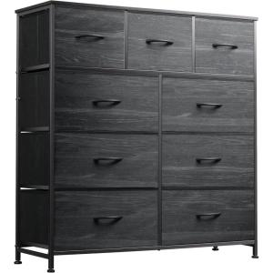 imageWLIVE 9Drawer Dresser Fabric Storage Tower for Bedroom Hallway Entryway Closet Tall Chest Organizer Unit with Fabric Bins Steel Frame Wood Top Easy Pull Handle Rustic Brown Wood Grain PrintCharcoal Black Wood Grain Print