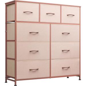 imageWLIVE 9Drawer Dresser Fabric Storage Tower for Bedroom Hallway Entryway Closet Tall Chest Organizer Unit with Fabric Bins Steel Frame Wood Top Easy Pull Handle Rustic Brown Wood Grain PrintPink