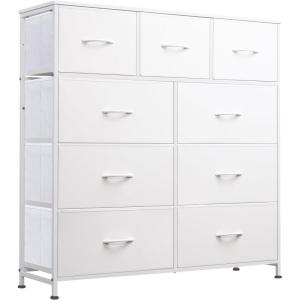 imageWLIVE 9Drawer Dresser Fabric Storage Tower for Bedroom Hallway Entryway Closet Tall Chest Organizer Unit with Fabric Bins Steel Frame Wood Top Easy Pull Handle Rustic Brown Wood Grain PrintWhite