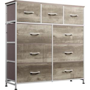 imageWLIVE 9Drawer Dresser Fabric Storage Tower for Bedroom Hallway Entryway Closet Tall Chest Organizer Unit with Fabric Bins Steel Frame Wood Top Easy Pull Handle Rustic Brown Wood Grain PrintGreige