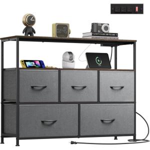 imageWLIVE Black Dresser for Bedroom 5 Drawer Dressers with Charging Station Fabric Chest of Drawers with Open Shelves Storage Dresser for Living Room Closet EntrywayDark Gray