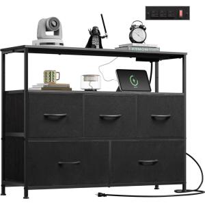 imageWLIVE Black Dresser for Bedroom 5 Drawer Dressers with Charging Station Fabric Chest of Drawers with Open Shelves Storage Dresser for Living Room Closet EntrywayCharcoal Black
