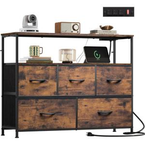 imageWLIVE Black Dresser for Bedroom 5 Drawer Dressers with Charging Station Fabric Chest of Drawers with Open Shelves Storage Dresser for Living Room Closet EntrywayRustic Brown Wood Grain Print