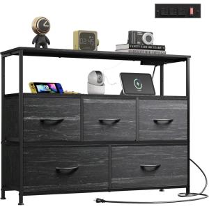 imageWLIVE Black Dresser for Bedroom 5 Drawer Dressers with Charging Station Fabric Chest of Drawers with Open Shelves Storage Dresser for Living Room Closet EntrywayCharcoal Black Wood Grain Print