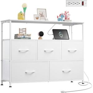imageWLIVE Black Dresser for Bedroom 5 Drawer Dressers with Charging Station Fabric Chest of Drawers with Open Shelves Storage Dresser for Living Room Closet EntrywayWhite