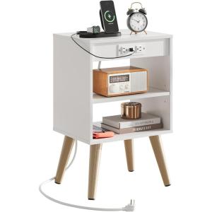 imageWLIVE Black Rattan Night Stand with Charger Station Small Side Table Drawer Storage and Shelf Mid Century Nightstands with Rattan Decor Small Side Table for Bedroom BlackSolid White