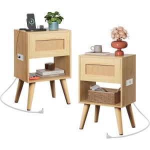 imageWLIVE Black Rattan Night Stand with Charger Station Small Side Table Drawer Storage and Shelf Mid Century Nightstands with Rattan Decor Small Side Table for Bedroom BlackRattan Natural Wood