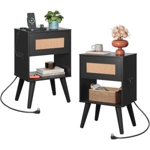 imageWLIVE Black Rattan Night Stand with Charger Station Small Side Table Drawer Storage and Shelf Mid Century Nightstands with Rattan Decor Small Side Table for Bedroom BlackRattan Black