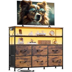 imageWLIVE Black TV Stand for 40 45 inch TV Entertainment Center with LED Lights ampamp Charging Station TV Media Console Table with 6 Fabric Drawers and Open Shelves for Living Room Hallway Wood TopRustic Brown