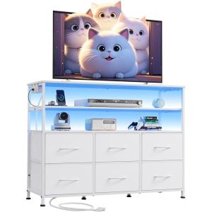 imageWLIVE Black TV Stand for 40 45 inch TV Entertainment Center with LED Lights ampamp Charging Station TV Media Console Table with 6 Fabric Drawers and Open Shelves for Living Room Hallway Wood TopWhite