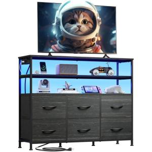 imageWLIVE Black TV Stand for 40 45 inch TV Entertainment Center with LED Lights ampamp Charging Station TV Media Console Table with 6 Fabric Drawers and Open Shelves for Living Room Hallway Wood TopCharcoal Black Wood Grain Print