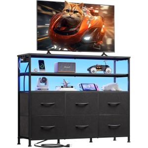imageWLIVE Black TV Stand for 40 45 inch TV Entertainment Center with LED Lights ampamp Charging Station TV Media Console Table with 6 Fabric Drawers and Open Shelves for Living Room Hallway Wood TopBlack