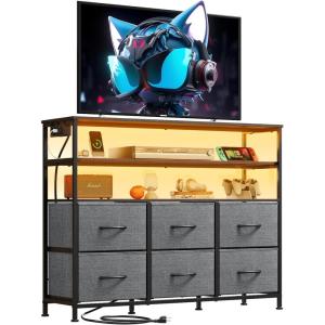 imageWLIVE Black TV Stand for 40 45 inch TV Entertainment Center with LED Lights ampamp Charging Station TV Media Console Table with 6 Fabric Drawers and Open Shelves for Living Room Hallway Wood TopDark Gray