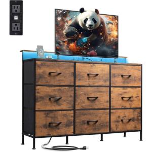 imageWLIVE Black TV Stand for 45 50 55 inch TV Entertainment Center with LED Lights ampamp Charging Station TV Media Console Table with 9 Fabric Drawers and Open Shelves for Living Room Hallway Wood TopRustic Brown