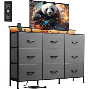 imageWLIVE Black TV Stand for 45 50 55 inch TV Entertainment Center with LED Lights ampamp Charging Station TV Media Console Table with 9 Fabric Drawers and Open Shelves for Living Room Hallway Wood TopDark Grey