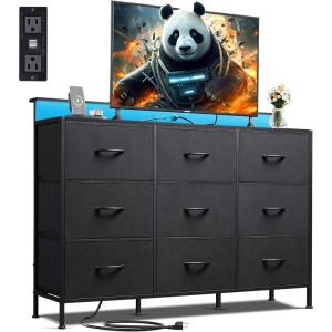 imageWLIVE Black TV Stand for 45 50 55 inch TV Entertainment Center with LED Lights ampamp Charging Station TV Media Console Table with 9 Fabric Drawers and Open Shelves for Living Room Hallway Wood TopBlack