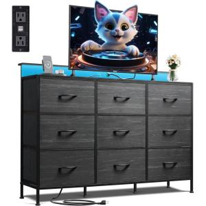 imageWLIVE Black TV Stand for 45 50 55 inch TV Entertainment Center with LED Lights ampamp Charging Station TV Media Console Table with 9 Fabric Drawers and Open Shelves for Living Room Hallway Wood TopCharcoal Black Wood Grain