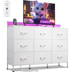 imageWLIVE Black TV Stand for 45 50 55 inch TV Entertainment Center with LED Lights ampamp Charging Station TV Media Console Table with 9 Fabric Drawers and Open Shelves for Living Room Hallway Wood TopWhite