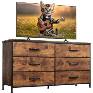 imageWLIVE Black TV Stand for 60 65 70 inch TV Large Entertainment Center with 6 Fabric Drawer TV Media Console Table with Wood Top Adjustable Feet for Living Room HallwayRustic Brown