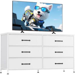 imageWLIVE Black TV Stand for 60 65 70 inch TV Large Entertainment Center with 6 Fabric Drawer TV Media Console Table with Wood Top Adjustable Feet for Living Room HallwayWhite