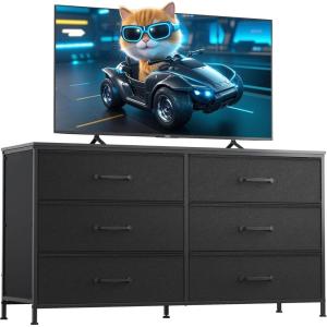 imageWLIVE Black TV Stand for 60 65 70 inch TV Large Entertainment Center with 6 Fabric Drawer TV Media Console Table with Wood Top Adjustable Feet for Living Room HallwayBlack