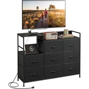 imageWLIVE Black TV Stand with Charging Station Entertainment Center with 8 Fabric Drawer TV Media Console Table Open Storage Shelves Wood Top for Living Room HallwayBlack