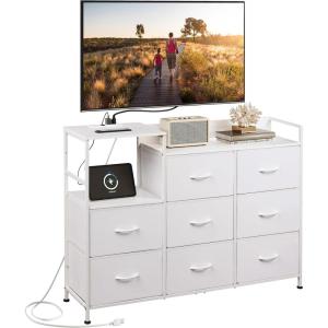 imageWLIVE Black TV Stand with Charging Station Entertainment Center with 8 Fabric Drawer TV Media Console Table Open Storage Shelves Wood Top for Living Room HallwayWhite