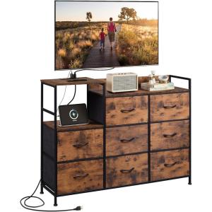 imageWLIVE Black TV Stand with Charging Station Entertainment Center with 8 Fabric Drawer TV Media Console Table Open Storage Shelves Wood Top for Living Room HallwayRustic Brown Wood Grain Print