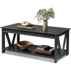 imageWLIVE Coffee Table 39quot Coffee Table with Storage ampamp Drawers 2Tier Wood Center Table for Living Room Apartment Bedroom Metal Table Legs Rustic BrownCharcoal Black