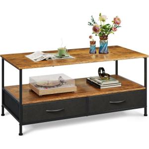 imageWLIVE Coffee Table 39quot Coffee Table with Storage ampamp Drawers 2Tier Wood Center Table for Living Room Apartment Bedroom Metal Table Legs Rustic BrownRustic Brown