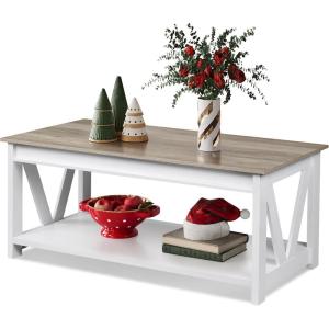 imageWLIVE Coffee Table 39quot Coffee Table with Storage ampamp Drawers 2Tier Wood Center Table for Living Room Apartment Bedroom Metal Table Legs Rustic BrownGreige