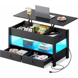 imageWLIVE Coffee Table Lift Top Coffee Table with 2 Drawers Large Hidden Hidden Compartment and Open Shelf Lift Tabletop Dining Table for Living Room BlackBlack