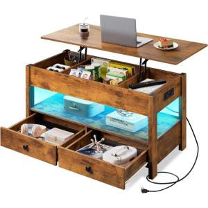 imageWLIVE Coffee Table Lift Top Coffee Table with 2 Drawers Large Hidden Hidden Compartment and Open Shelf Lift Tabletop Dining Table for Living Room BlackRustic Brown