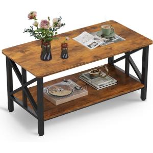 imageWLIVE Coffee Table for Living Room 39quot Modern 2Tier Center Table with Round Corners Storage Shelf Farmhouse Style Small Coffee Table with Metal Frame Rustic BrownRustic Brown