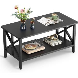 imageWLIVE Coffee Table for Living Room 39quot Modern 2Tier Center Table with Round Corners Storage Shelf Farmhouse Style Small Coffee Table with Metal Frame Rustic BrownBlack